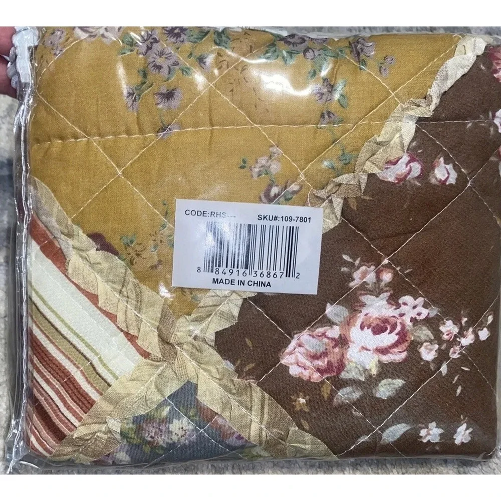 NEW PATCHWORK‎ Pair STANDARD PILLOW SHAM BROWN PINK YELLOW QUILTED SHABBY Chic